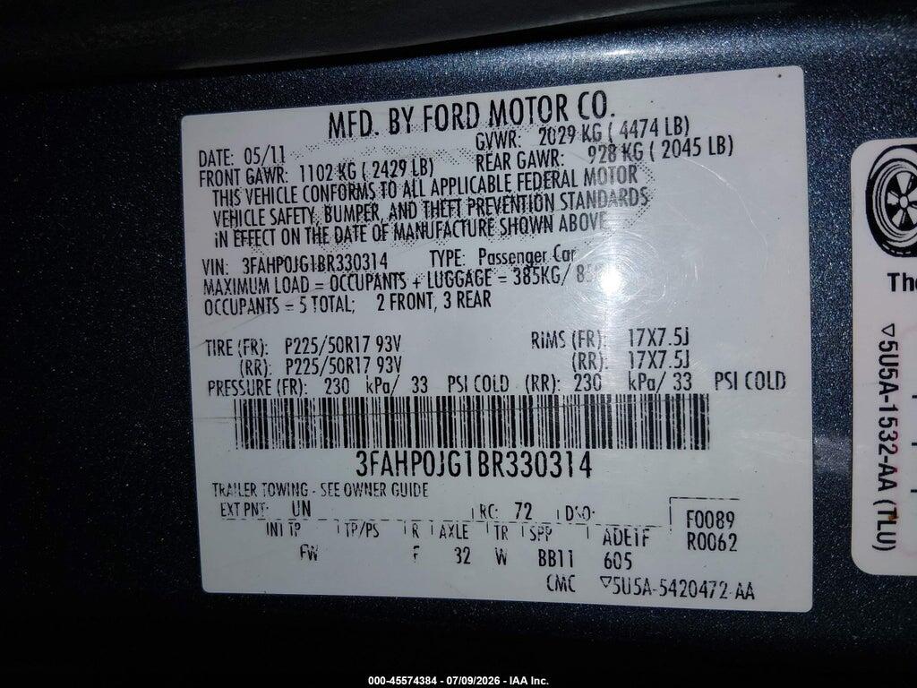 3FAHP0JG1BR330314 2011 FORD FUSION photo no. 9