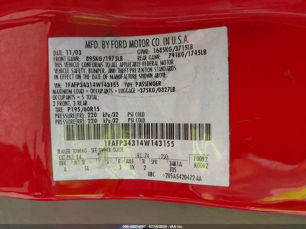 1FAFP34314W143155 2004 FORD FOCUS photo no. 9