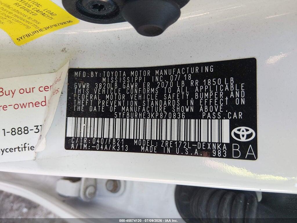 5YFBURHE3KP870836 2019 TOYOTA COROLLA photo no. 9