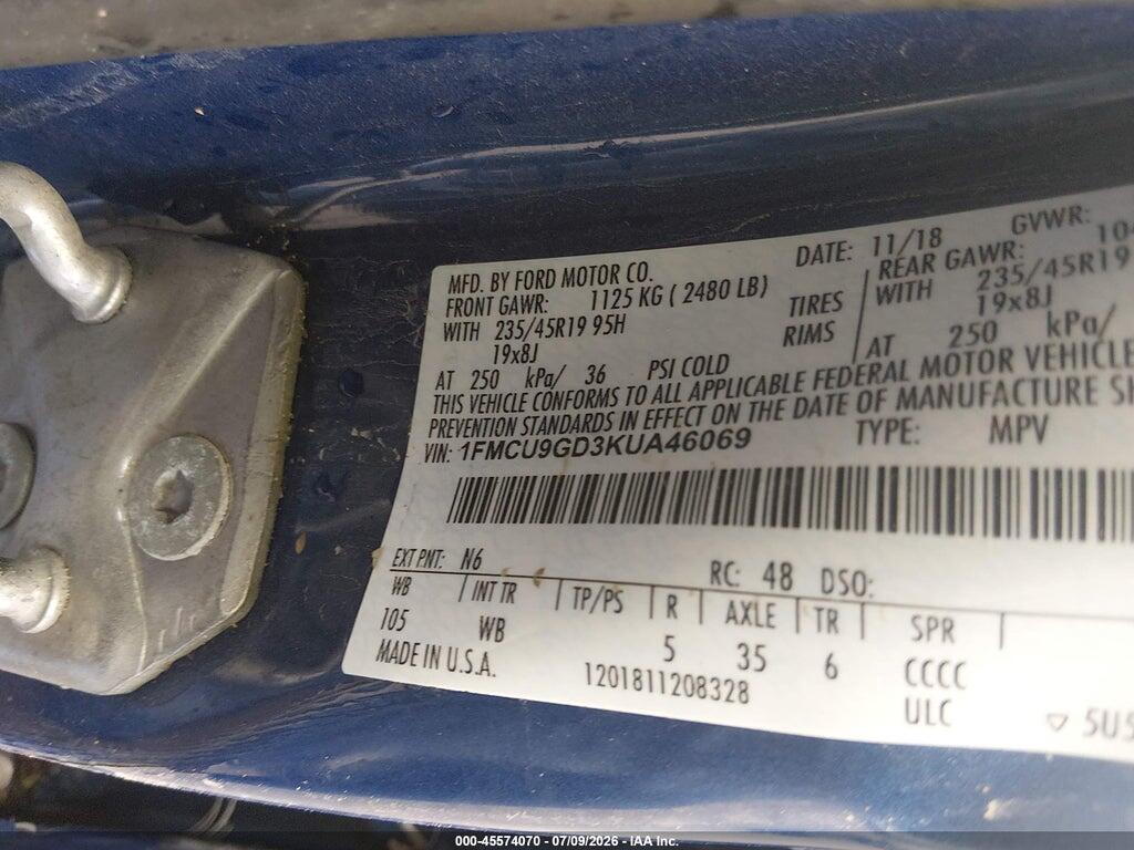 1FMCU9GD3KUA46069 2019 FORD ESCAPE photo no. 9