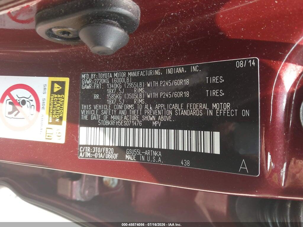 5TDBKRFH5ES071476 2014 TOYOTA HIGHLANDER photo no. 9