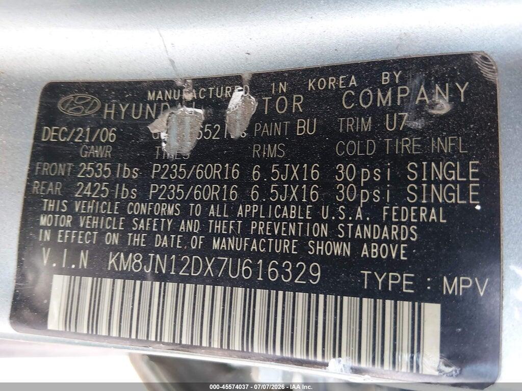 KM8JN12DX7U616329 2007 HYUNDAI TUCSON photo no. 9