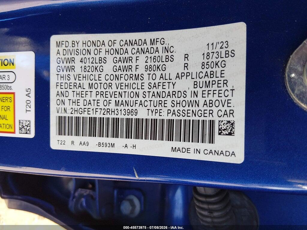 2HGFE1F72RH313969 2024 HONDA CIVIC photo no. 9
