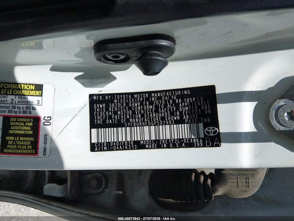 5YFBURHE0GP502993 2016 TOYOTA COROLLA photo no. 9