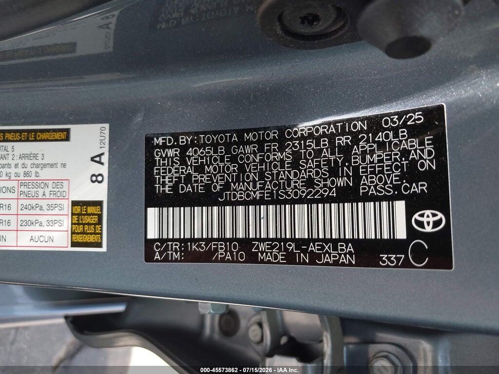 JTDBCMFE1S3092294 2025 TOYOTA COROLLA HYBRID photo no. 9