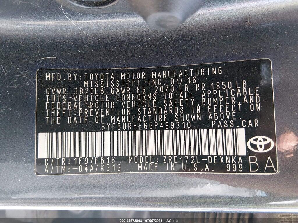5YFBURHE6GP499310 2016 TOYOTA COROLLA photo no. 9