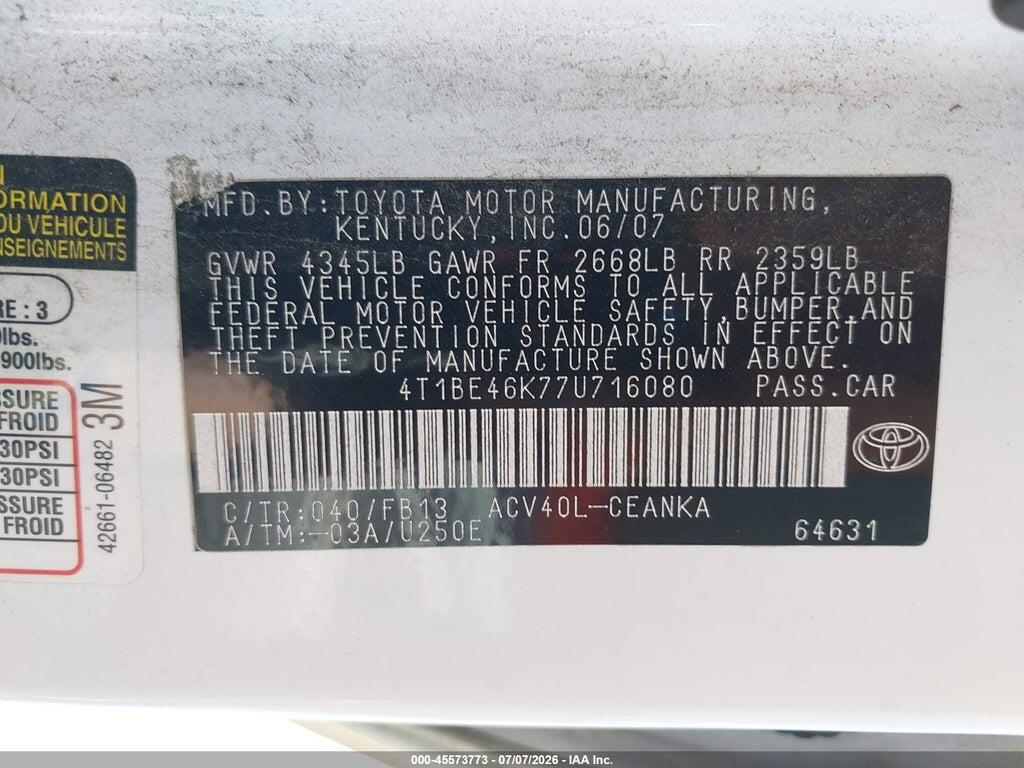 4T1BE46K77U716080 2007 TOYOTA CAMRY photo no. 9