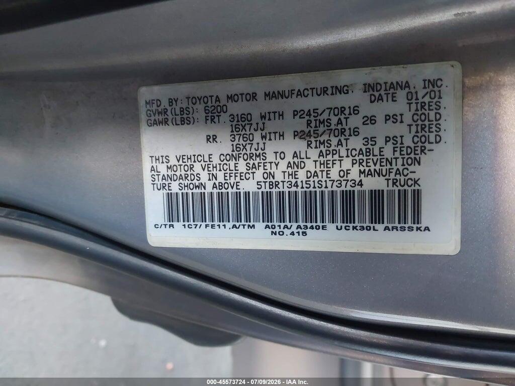 5TBRT34151S173734 2001 TOYOTA TUNDRA photo no. 9