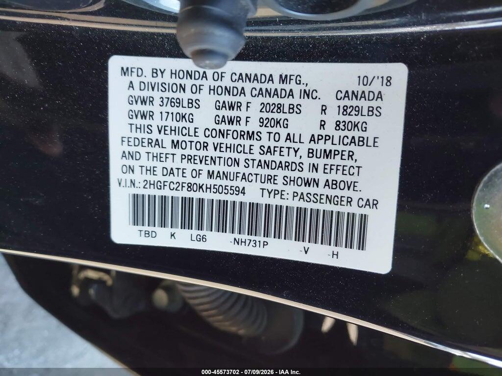 2HGFC2F80KH505594 2019 HONDA CIVIC photo no. 9