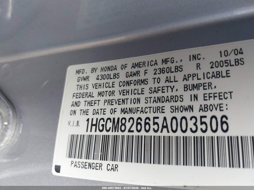 1HGCM82665A003506 2005 HONDA ACCORD photo no. 9