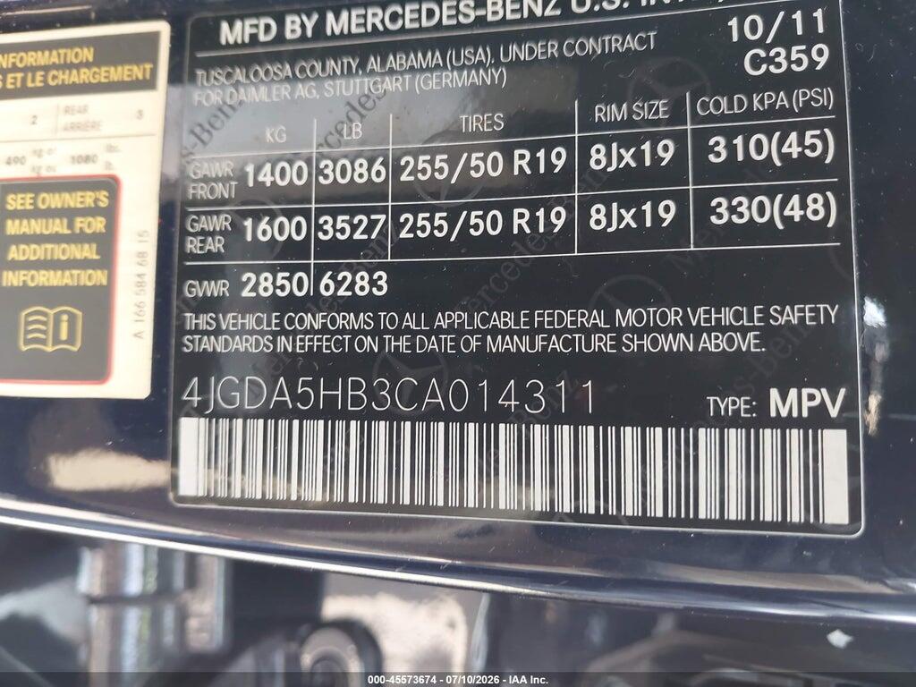 4JGDA5HB3CA014311 2012 MERCEDES-BENZ ML 350 photo no. 9