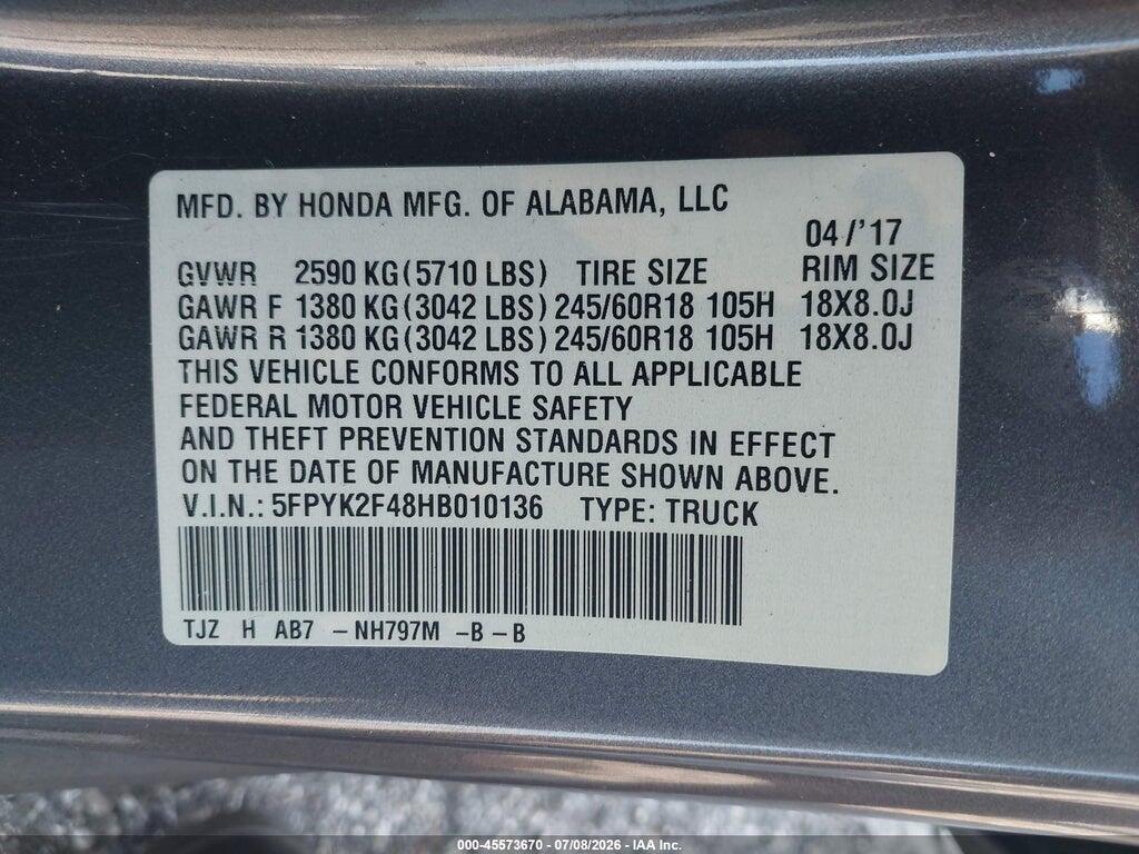 5FPYK2F48HB010136 2017 HONDA RIDGELINE photo no. 9