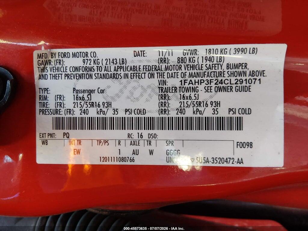 1FAHP3F24CL291071 2012 FORD FOCUS photo no. 9
