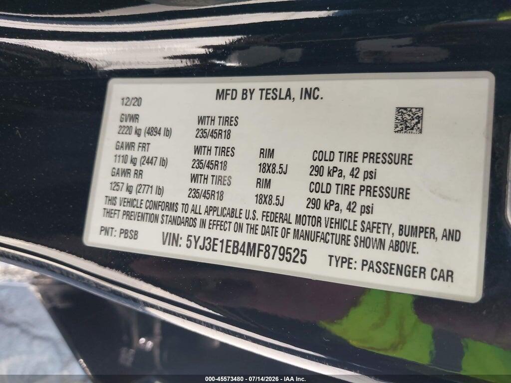 5YJ3E1EB4MF879525 2021 TESLA MODEL 3 photo no. 9