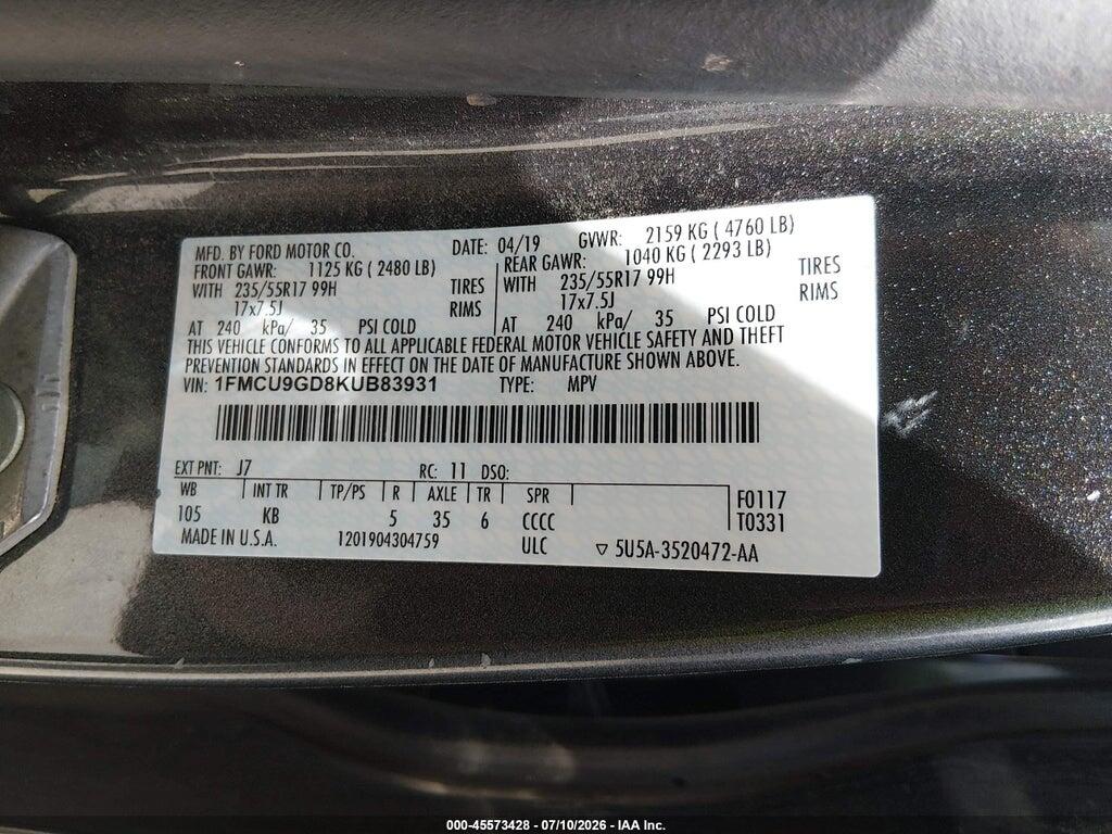 1FMCU9GD8KUB83931 2019 FORD ESCAPE photo no. 9