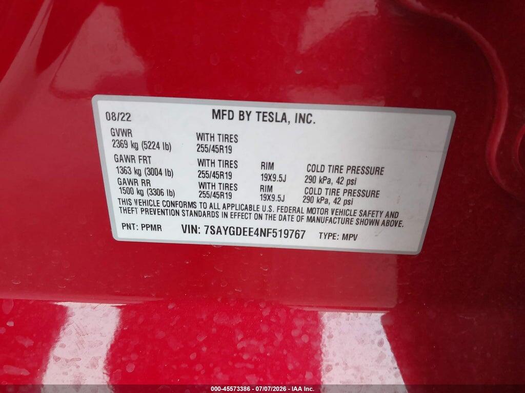7SAYGDEE4NF519767 2022 TESLA MODEL Y photo no. 9