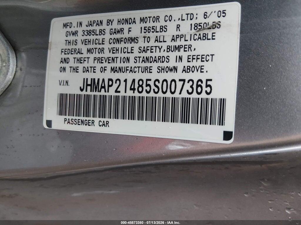 JHMAP21485S007365 2005 HONDA S2000 photo no. 9