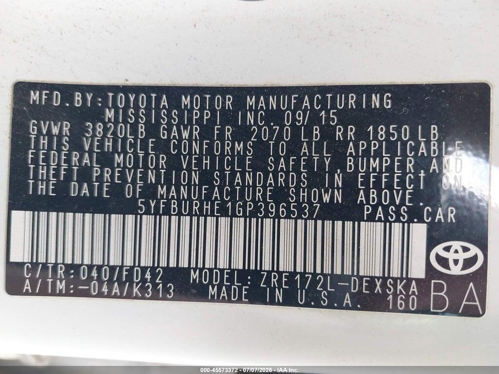 5YFBURHE1GP396537 2016 TOYOTA COROLLA photo no. 9