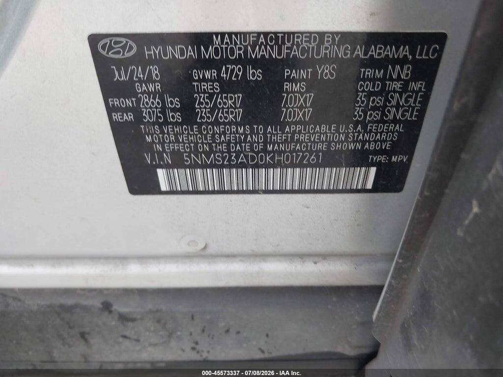 5NMS23AD0KH017261 2019 HYUNDAI SANTA FE photo no. 9