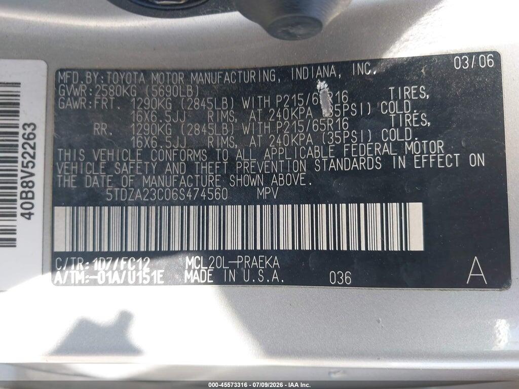 5TDZA23C06S474560 2006 TOYOTA SIENNA photo no. 9