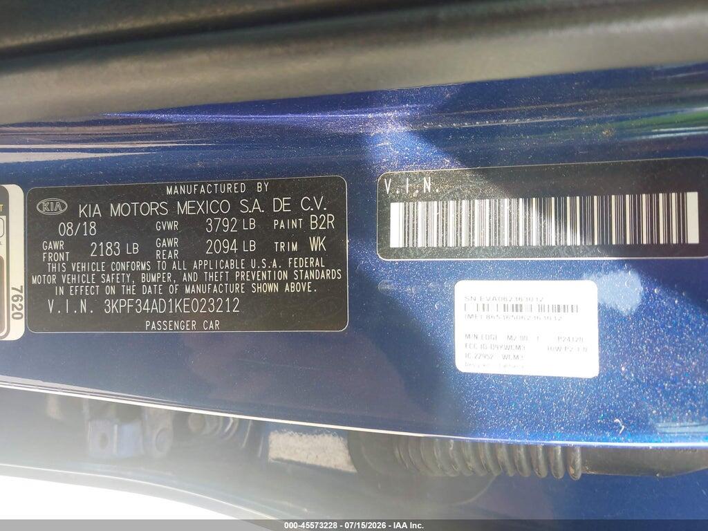 3KPF34AD1KE023212 2019 KIA FORTE photo no. 9