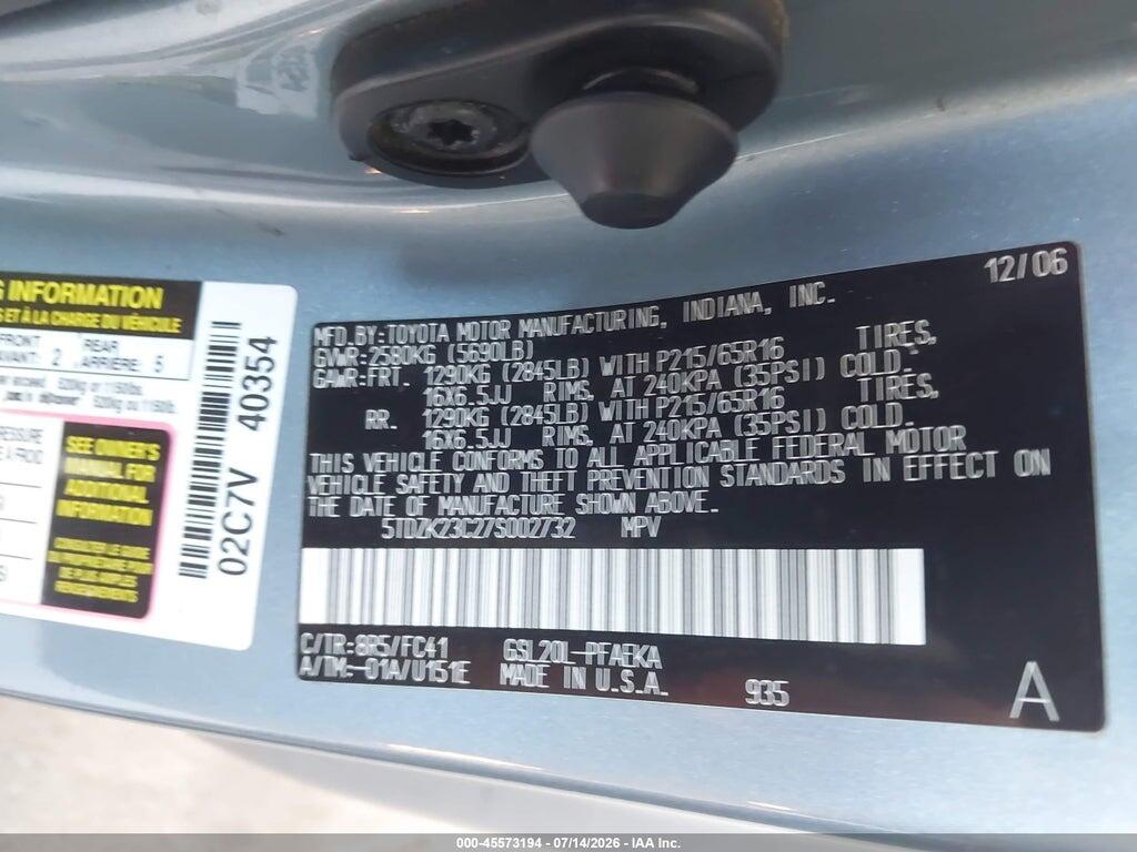 5TDZK23C27S002732 2007 TOYOTA SIENNA photo no. 9
