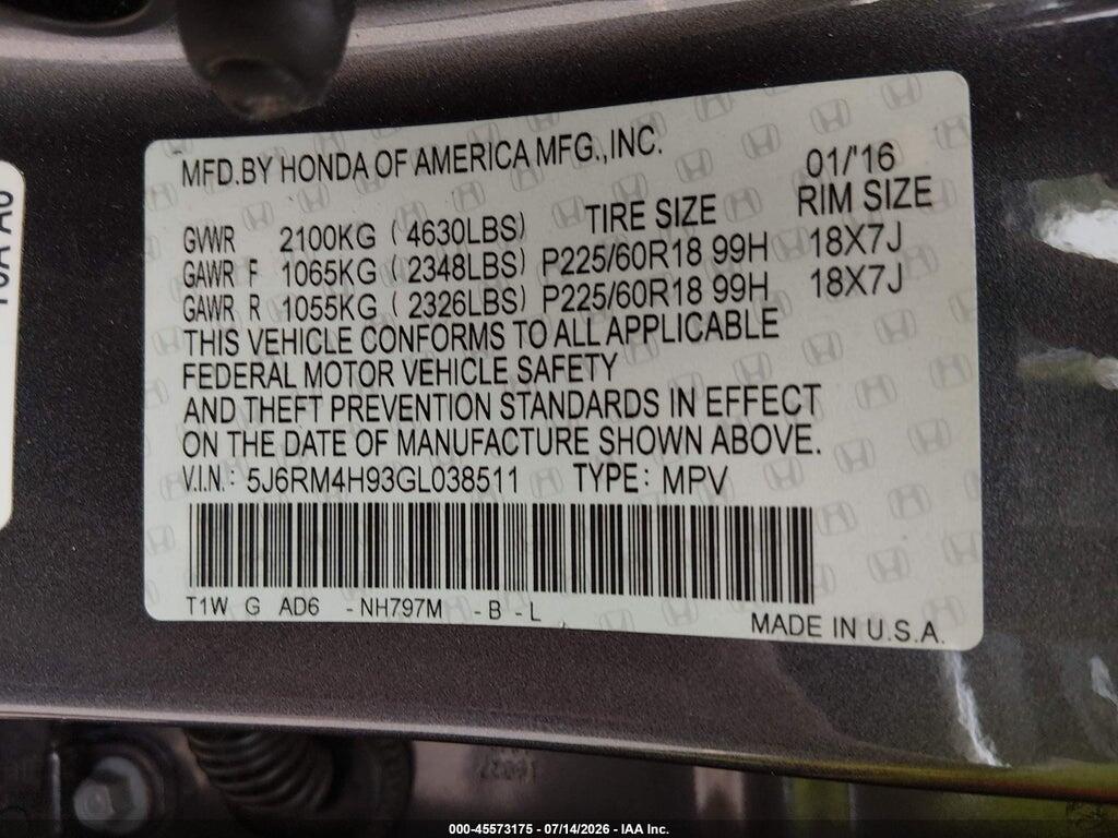 5J6RM4H93GL038511 2016 HONDA CR-V photo no. 9