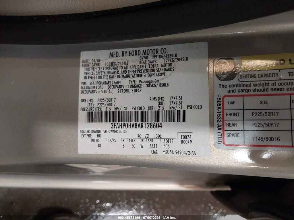 3FAHP0HA8AR128604 2010 FORD FUSION photo no. 9