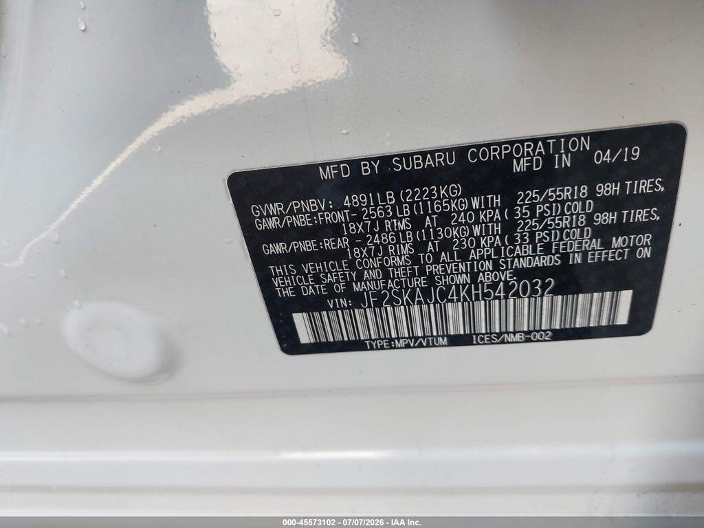 JF2SKAJC4KH542032 2019 SUBARU FORESTER photo no. 9