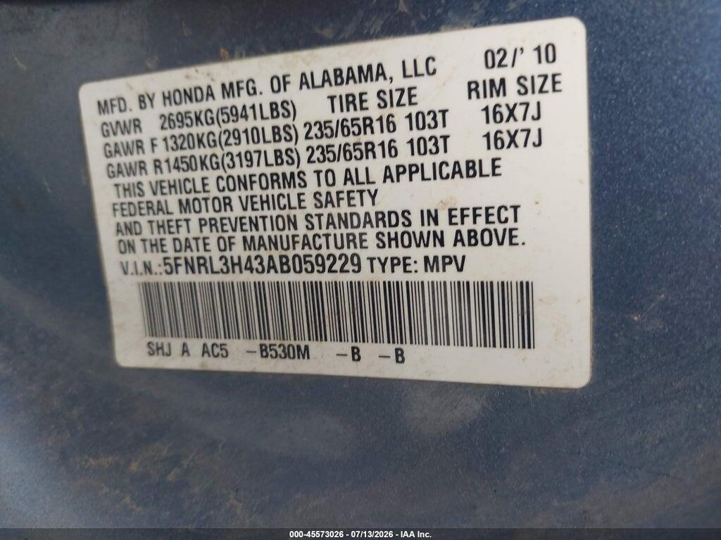 5FNRL3H43AB059229 2010 HONDA ODYSSEY photo no. 9
