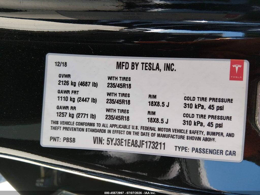 5YJ3E1EA8JF173211 2018 TESLA MODEL 3 photo no. 9