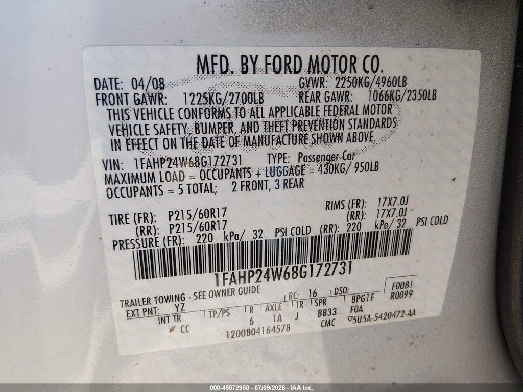 1FAHP24W68G172731 2008 FORD TAURUS photo no. 9