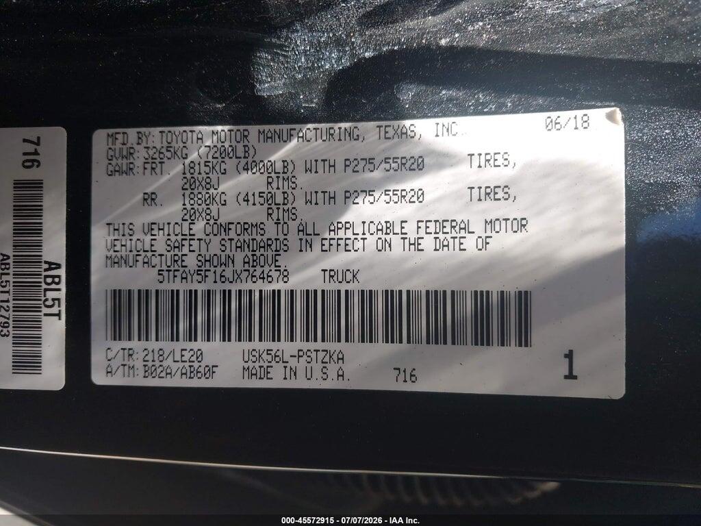 5TFAY5F16JX764678 2018 TOYOTA TUNDRA photo no. 9