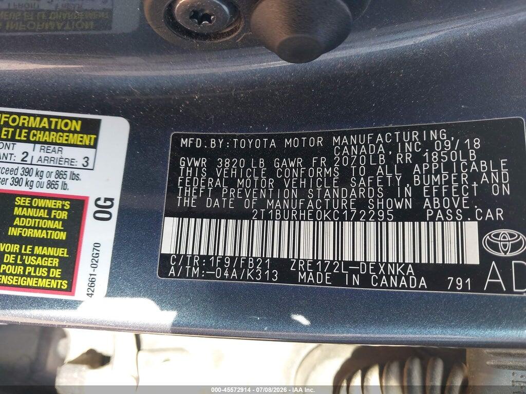 2T1BURHE0KC172295 2019 TOYOTA COROLLA photo no. 9