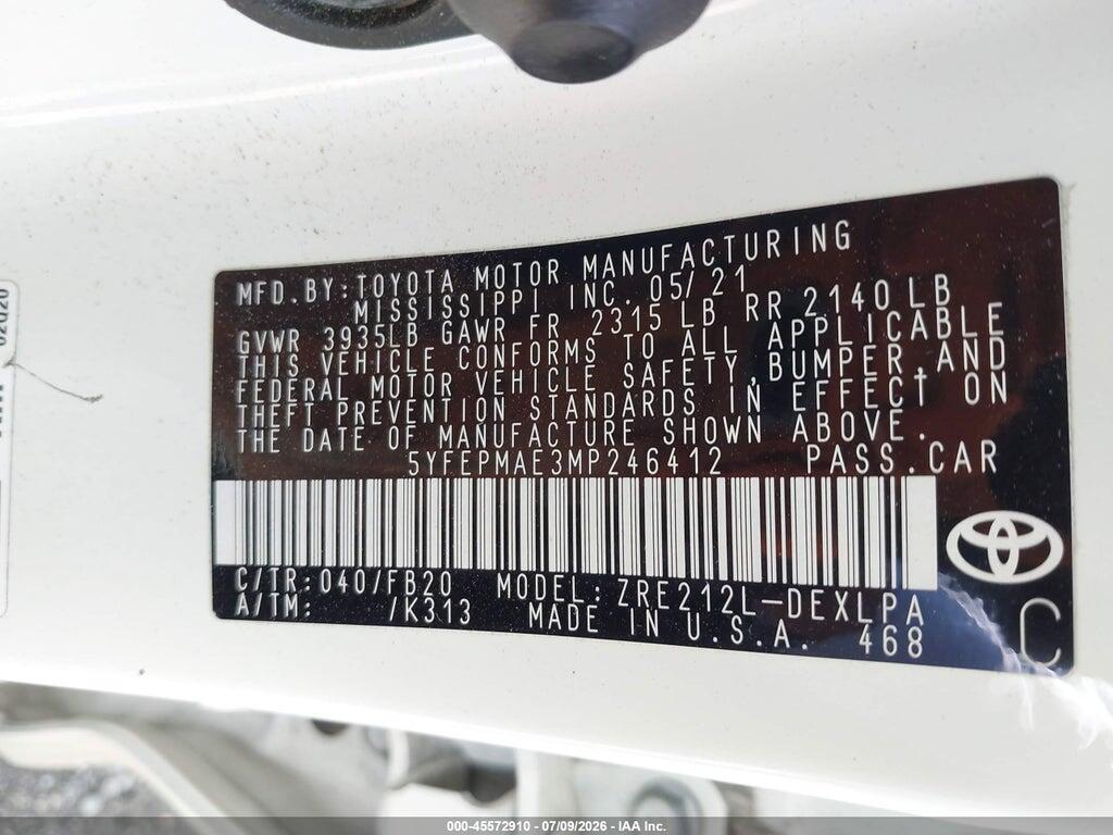 5YFEPMAE3MP246412 2021 TOYOTA COROLLA photo no. 9