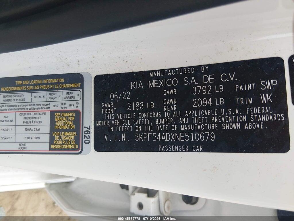 3KPF54ADXNE510679 2022 KIA FORTE photo no. 9