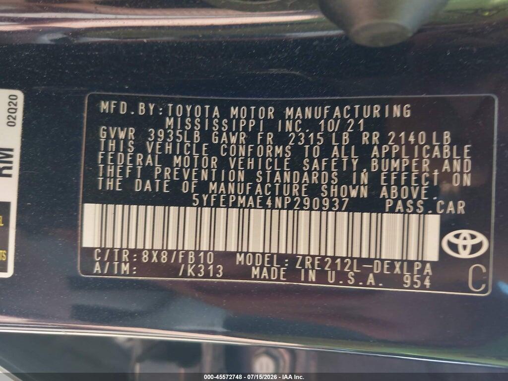 5YFEPMAE4NP290937 2022 TOYOTA COROLLA photo no. 9