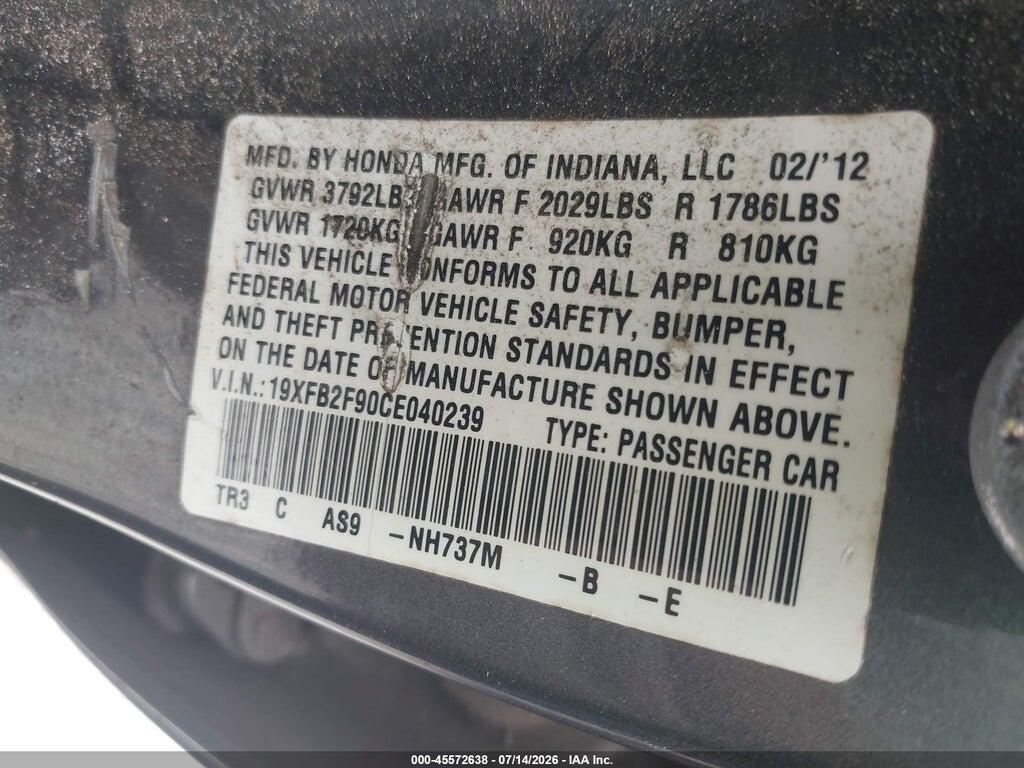 19XFB2F90CE040239 2012 HONDA CIVIC photo no. 9