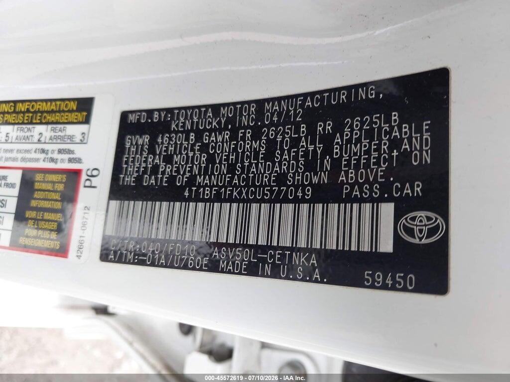 4T1BF1FKXCU577049 2012 TOYOTA CAMRY photo no. 9