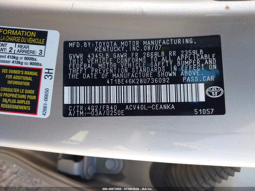 4T1BE46K28U736092 2008 TOYOTA CAMRY photo no. 9
