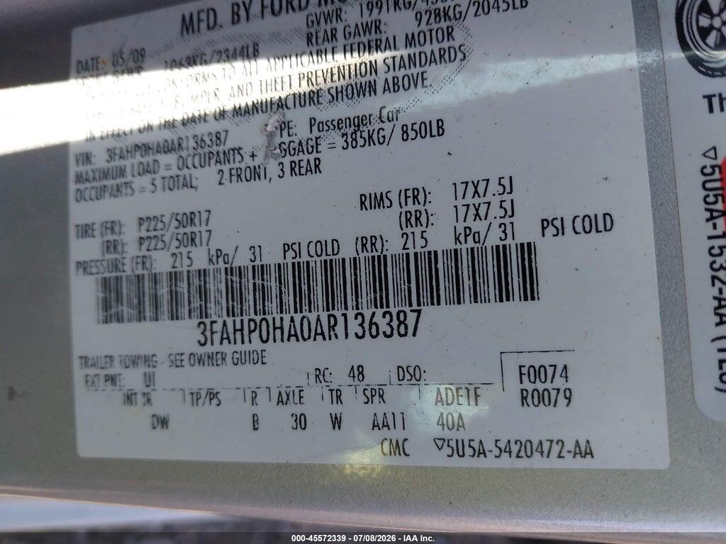 3FAHP0HA0AR136387 2010 FORD FUSION photo no. 9