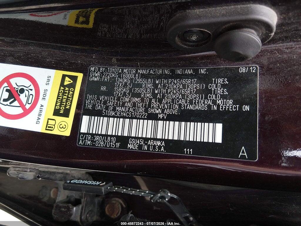 5TDBK3EH4CS170222 2012 TOYOTA HIGHLANDER photo no. 9