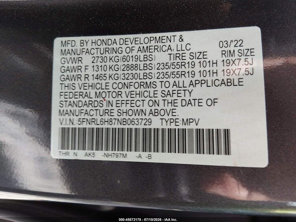 5FNRL6H87NB063729 2022 HONDA ODYSSEY photo no. 9