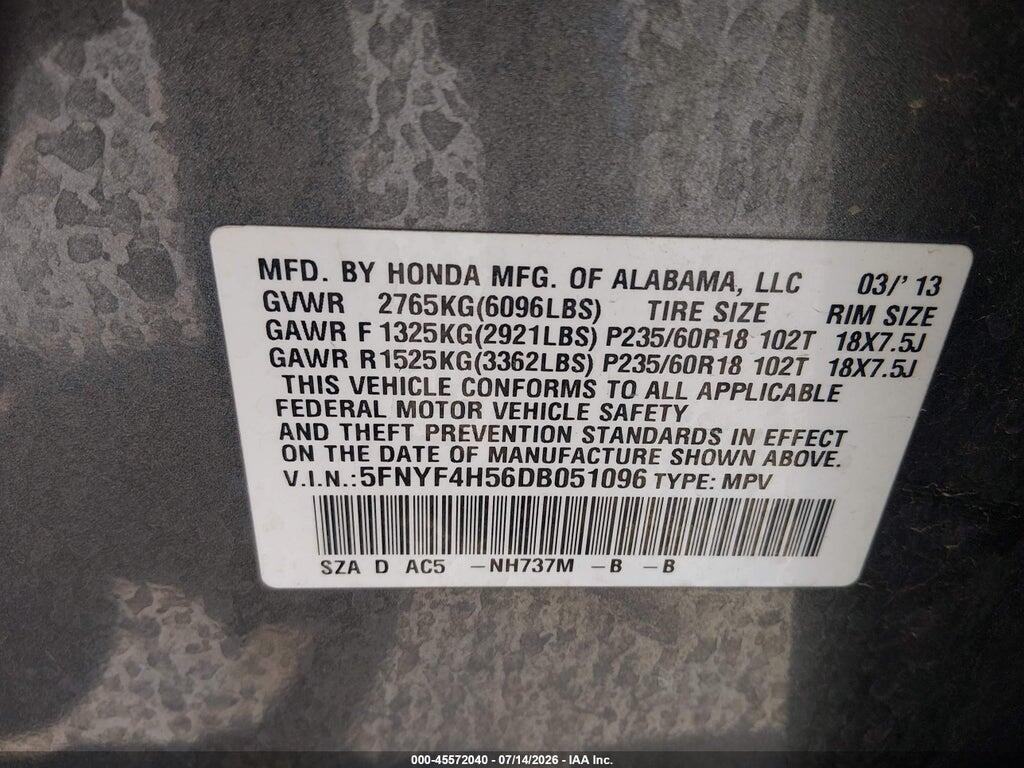 5FNYF4H56DB051096 2013 HONDA PILOT photo no. 9