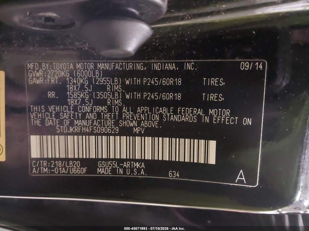 5TDJKRFH4FS090629 2015 TOYOTA HIGHLANDER photo no. 9