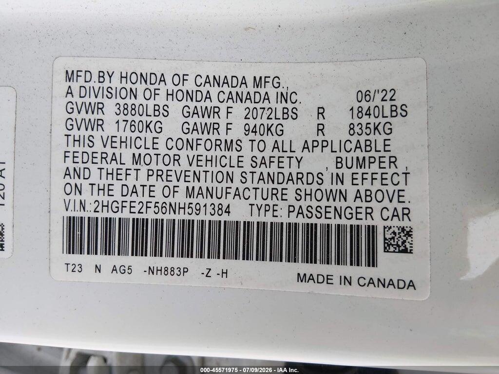2HGFE2F56NH591384 2022 HONDA CIVIC photo no. 9