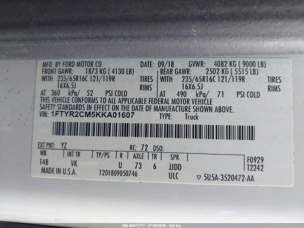 1FTYR2CM5KKA01607 2019 FORD TRANSIT-250 photo no. 9