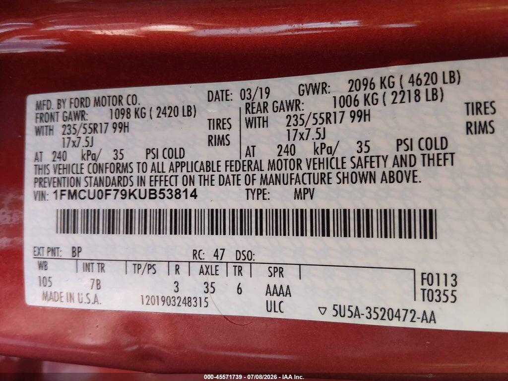 1FMCU0F79KUB53814 2019 FORD ESCAPE photo no. 9