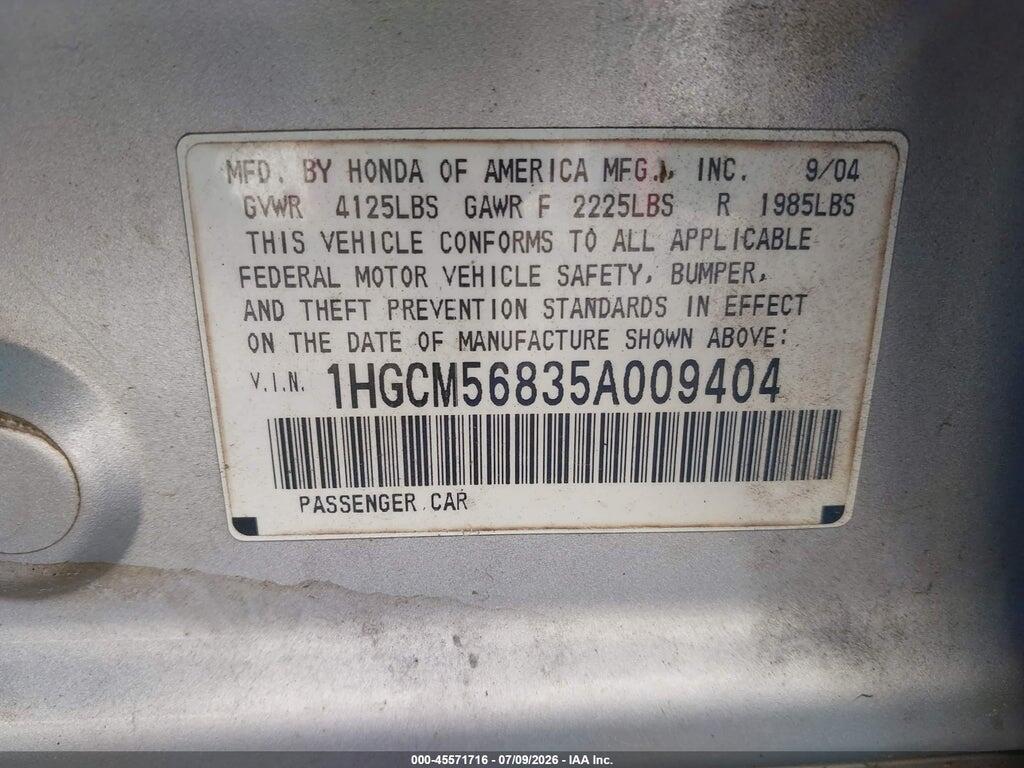 1HGCM56835A009404 2005 HONDA ACCORD photo no. 9