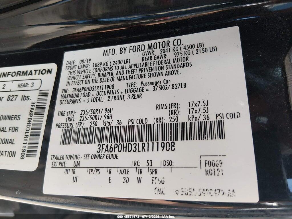 3FA6P0HD3LR111908 2020 FORD FUSION photo no. 9